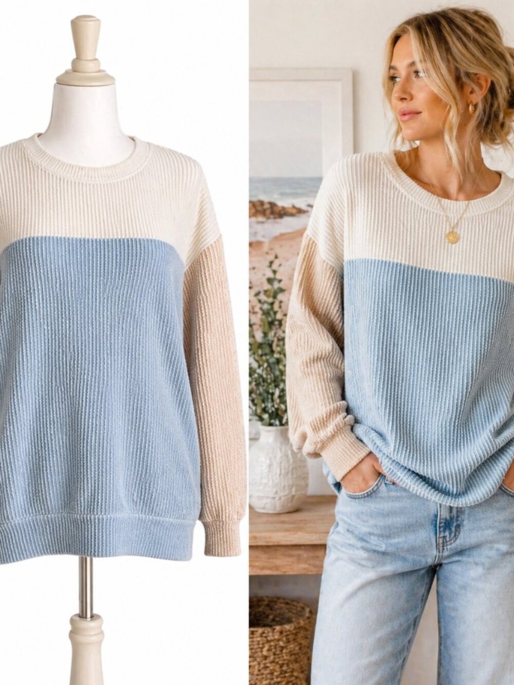 Anthropologie DOKOTOO Blue Cream Colorblock Rib Knit Coastal Sweater Medium